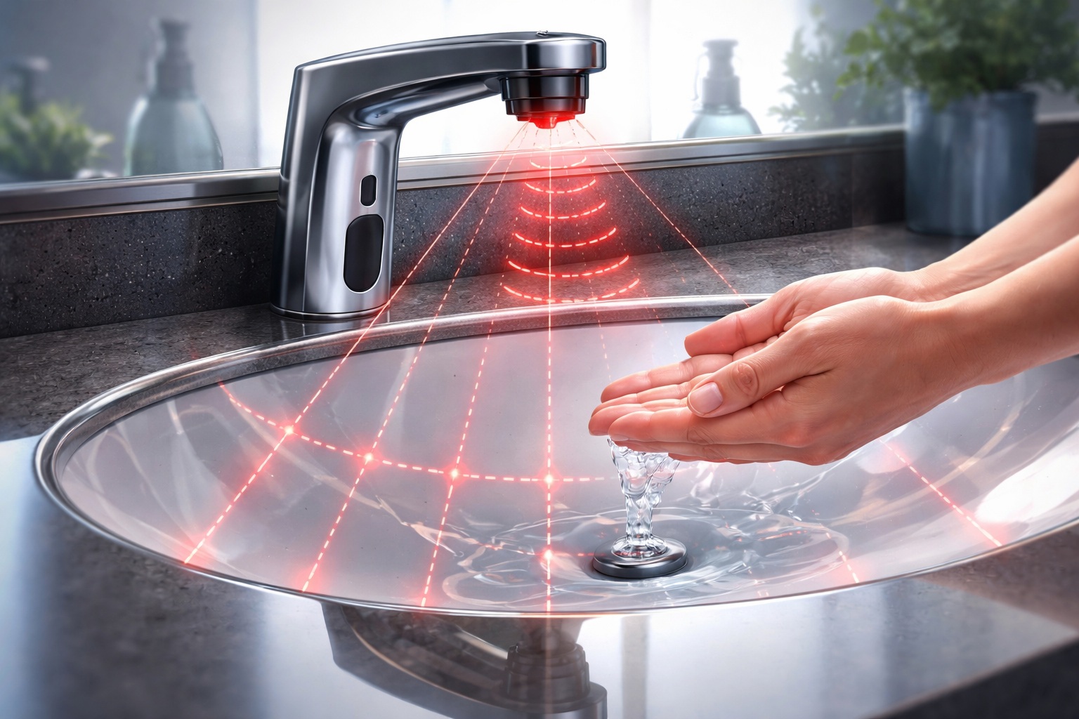 Infrared sensor faucet in modern bathroom